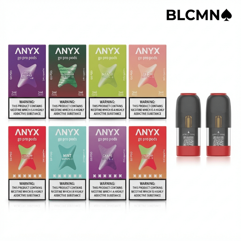 A square 1080x1080 pixel product display on a clean white background. On the left, eight colorful retail packs of Anyx Go Pro replacement pods are arranged in a neat 2x4 vertical grid. On the right, two clear, dark green Anyx Go Pro pre-filled pods with red caps are showcased side-by-side. The minimalist black BLCMN♠️ logo is positioned in the top right corner.