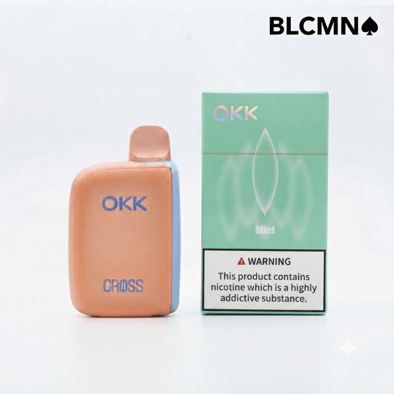 A square 1080x1080 pixel product display on a clean white background. On the left stands the peach and light blue OKK Cross device with the "OKK" and "CROSS" branding. On the right stands its matching pastel-colored retail packaging box featuring the mandatory warning label. The minimalist black BLCMN♠️ logo is displayed in the top right corner.