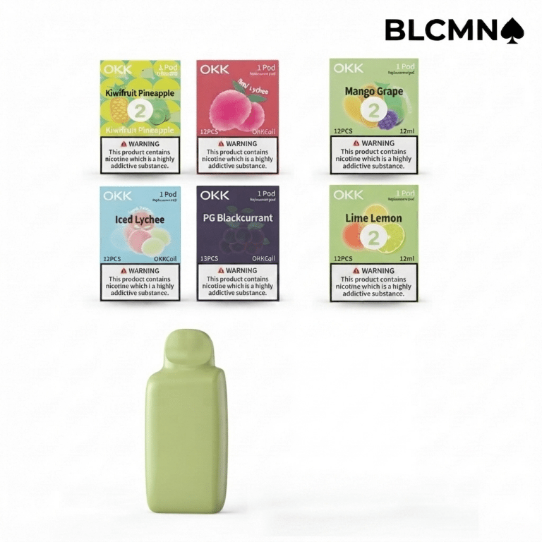 A square 1080x1080 pixel product display on a clean white background. In the upper portion, six colorful retail flavor packs of OKK Cross replacement pods are arranged in a neat 2x3 grid. Below them stands a single smooth, pastel green OKK Cross replacement pod. The minimalist black BLCMN♠️ logo is positioned in the top right corner.