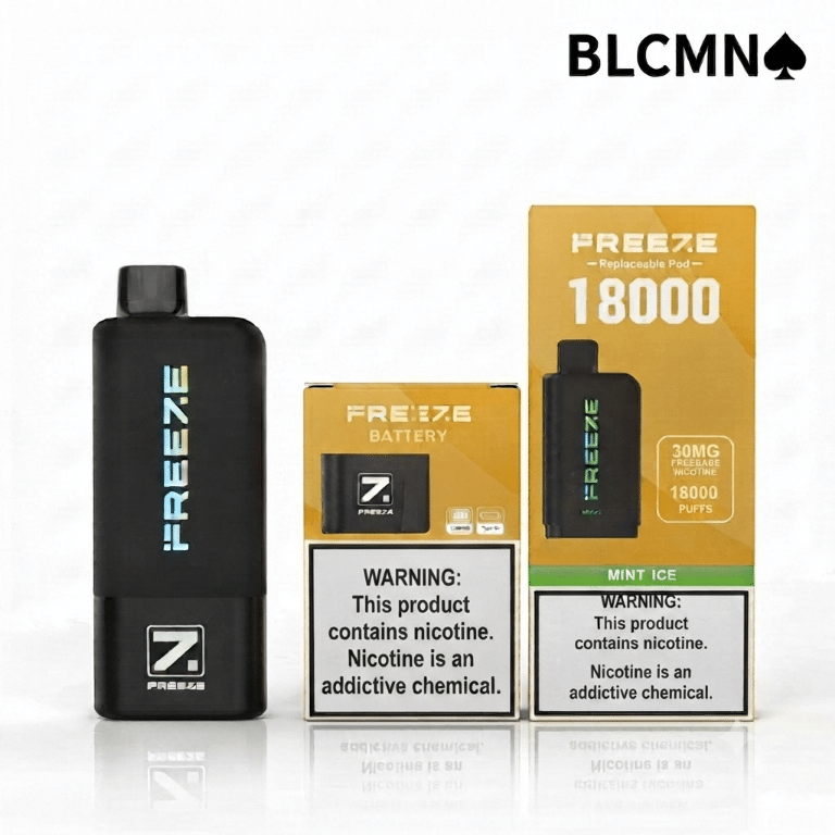 A 1080x1080 pixel product display on a clean white background. On the left stands the fully assembled black Freeze 18000 vape device. In the center is the compact Freeze battery box, and on the right is the full Freeze 18000 replaceable pod packaging box. The minimalist black BLCMN♠️ logo is placed in the top right corner.