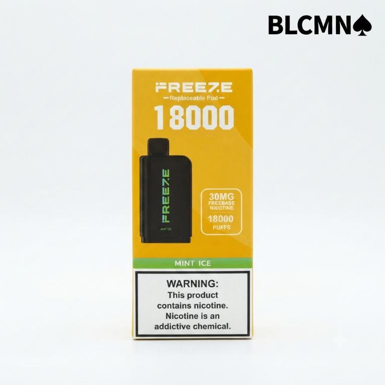 A 1080x1080 pixel product display on a clean white background. Centered in the middle is a single yellow and white retail packaging box for the Freeze 18000 replacement pod, showing the product graphic, "18000 Puffs" text, and the nicotine warning label. The minimalist black BLCMN♠️ logo is placed in the top right corner.