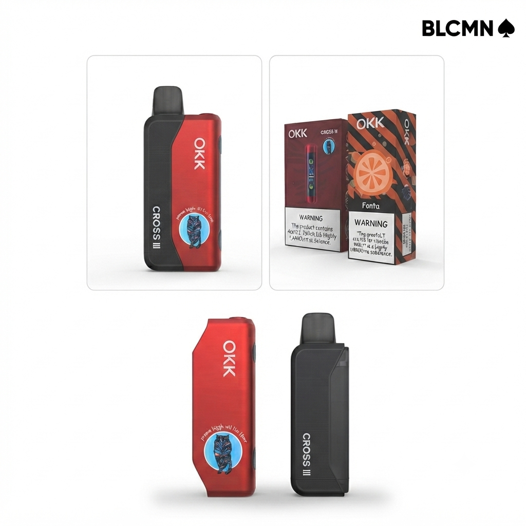A 1080x1080 pixel product display card featuring a white background with the minimalist black BLCMN♠️ logo in the top right corner. The upper section shows the assembled red OKK Cross III device on the left and its corresponding battery and flavor pod packaging boxes on the right. The lower section displays real-life reference shots of the red device and the black device side by side.