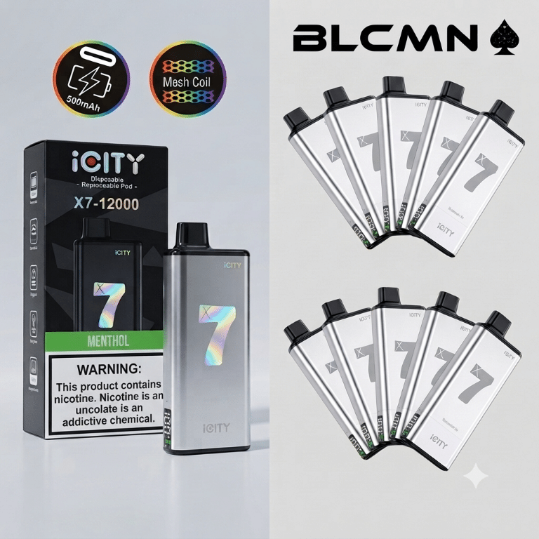 A 1080x1080 pixel product display card featuring a white background with the minimalist black BLCMN♠️ logo in the top right corner, showing a studio shot of the assembled ICITY X7 device standing vertically beside the separate battery package and flavor pod package.