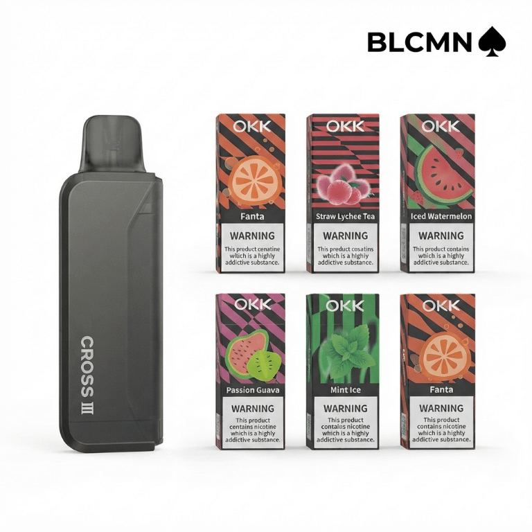 A 1080x1080 pixel product display card featuring a white background with the minimalist black BLCMN♠️ logo in the top right corner, showcasing the OKK Cross III pod device standing vertically alongside six flavor pod packaging boxes arranged in two rows.