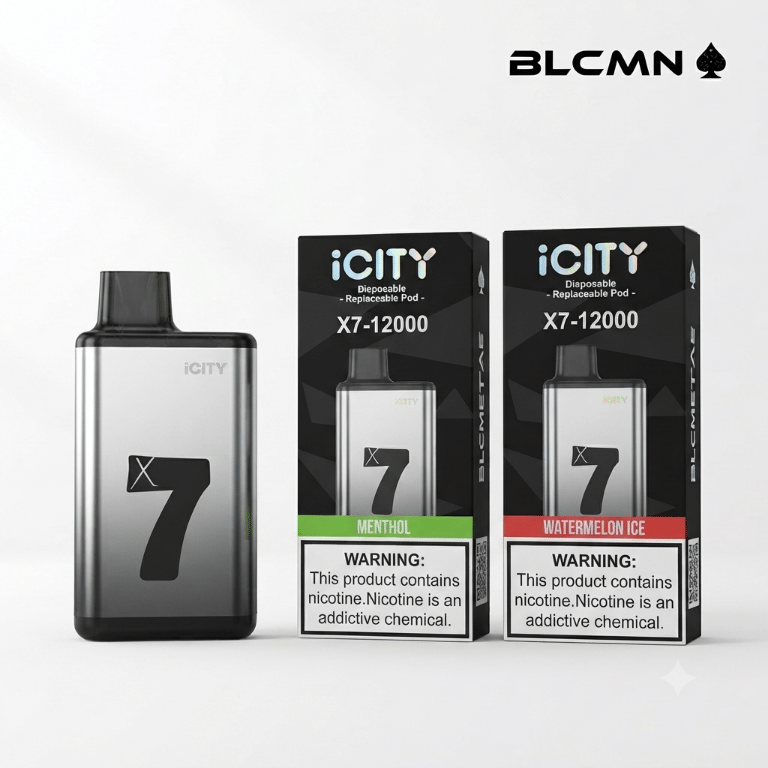 A 1080x1080 pixel studio product display card featuring a white background with the minimalist black BLCMN ♠️ logo in the top right corner. The image shows a vertically standing silver and black ICITY X7 12000 device positioned beside two of its packaging boxes (Menthol and Watermelon Ice), highlighting the holographic branding and sleek design.