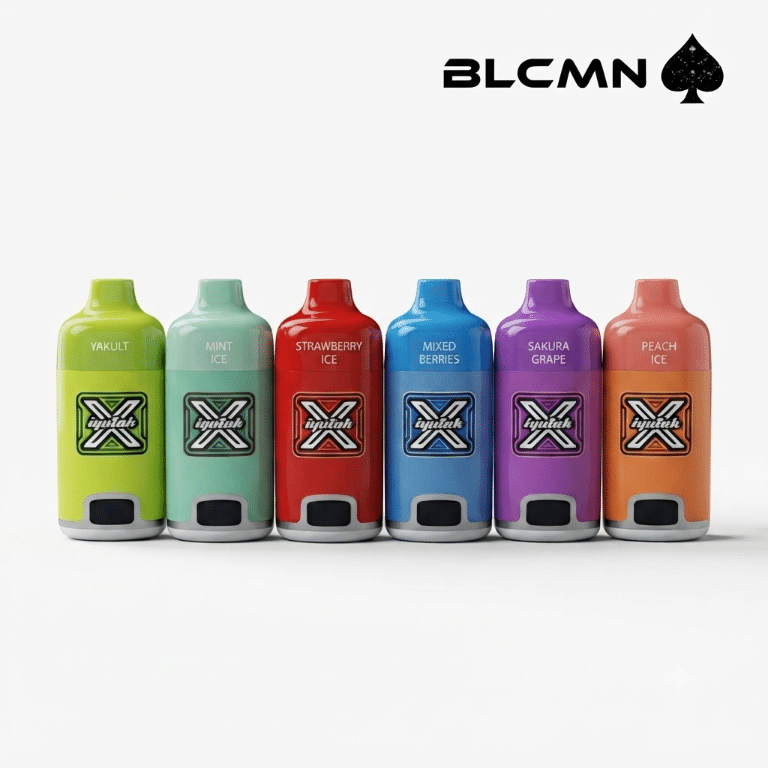 A 1080x1080 pixel studio product display card featuring a clean white background with the minimalist black BLCMN ♠️ logo in the top right corner, showcasing six vertical Iyutak K10000 closed pod system vapes aligned side-by-side in distinct vibrant colors and flavors.