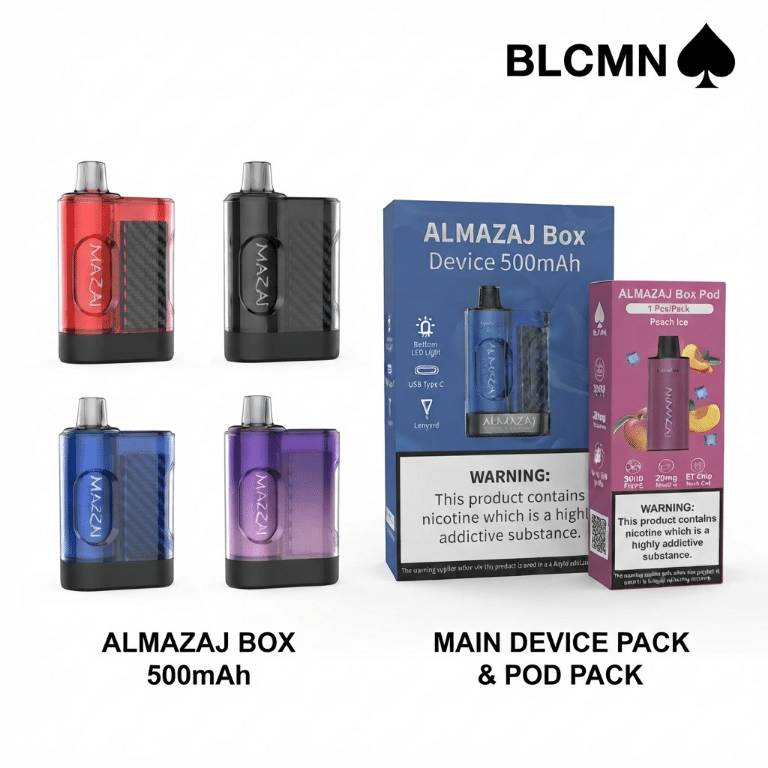 A 1080x1080 pixel 3D studio product showcase card featuring a pristine white background with the minimalist black BLCMN ♠️ logo positioned cleanly at the top right corner, displaying four color variants of the Mazaj Box device alongside its main device pack and pod packaging.