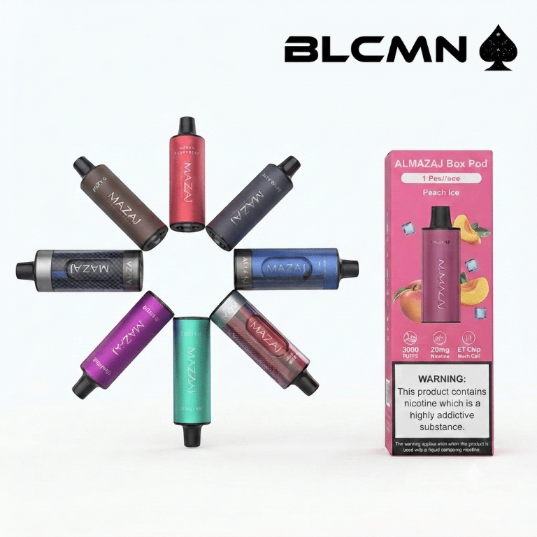 A 1080x1080 pixel 3D studio product showcase card featuring a clean white background with the minimalist black BLCMN ♠️ logo positioned cleanly at the top right corner, displaying an 8-pod radial color assortment alongside its vibrant pink standalone pod packaging.