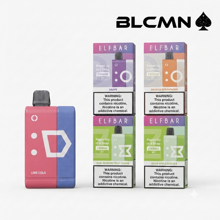 A 1080x1080 pixel 3D studio product showcase card featuring a clean white background with the minimalist black BLCMN ♠️ logo positioned cleanly at the top right corner, displaying a vertically standing pink and blue Elf Bar EW9000 device alongside a neat 2-row vertical stack of four vibrant device packaging boxes.