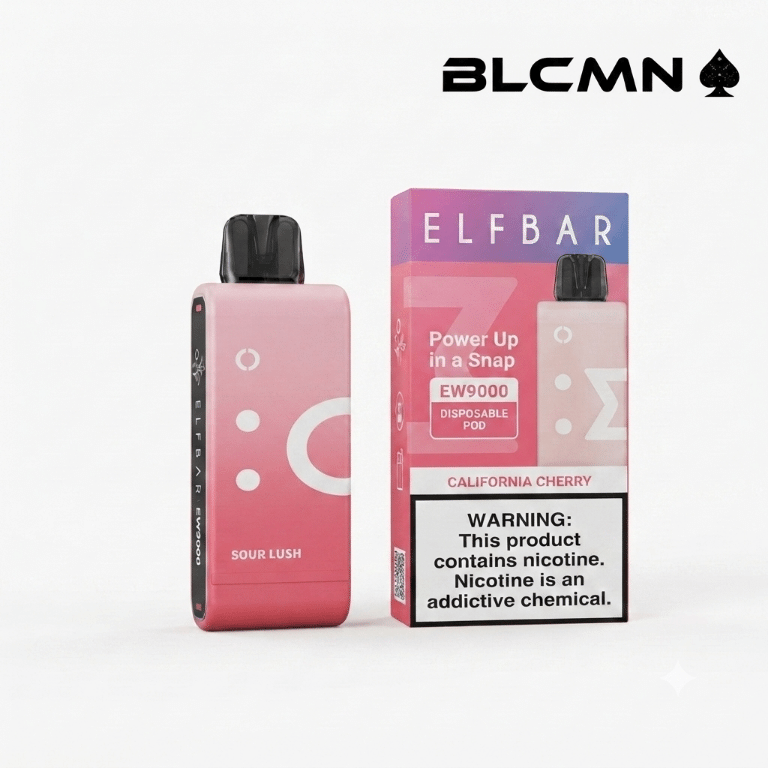 A 1080x1080 pixel 3D studio product showcase card featuring a clean white background with the minimalist black BLCMN ♠️ logo positioned cleanly at the top right corner, displaying a standing pink Elf Bar EW9000 replacement pod next to its matching vibrant packaging box.