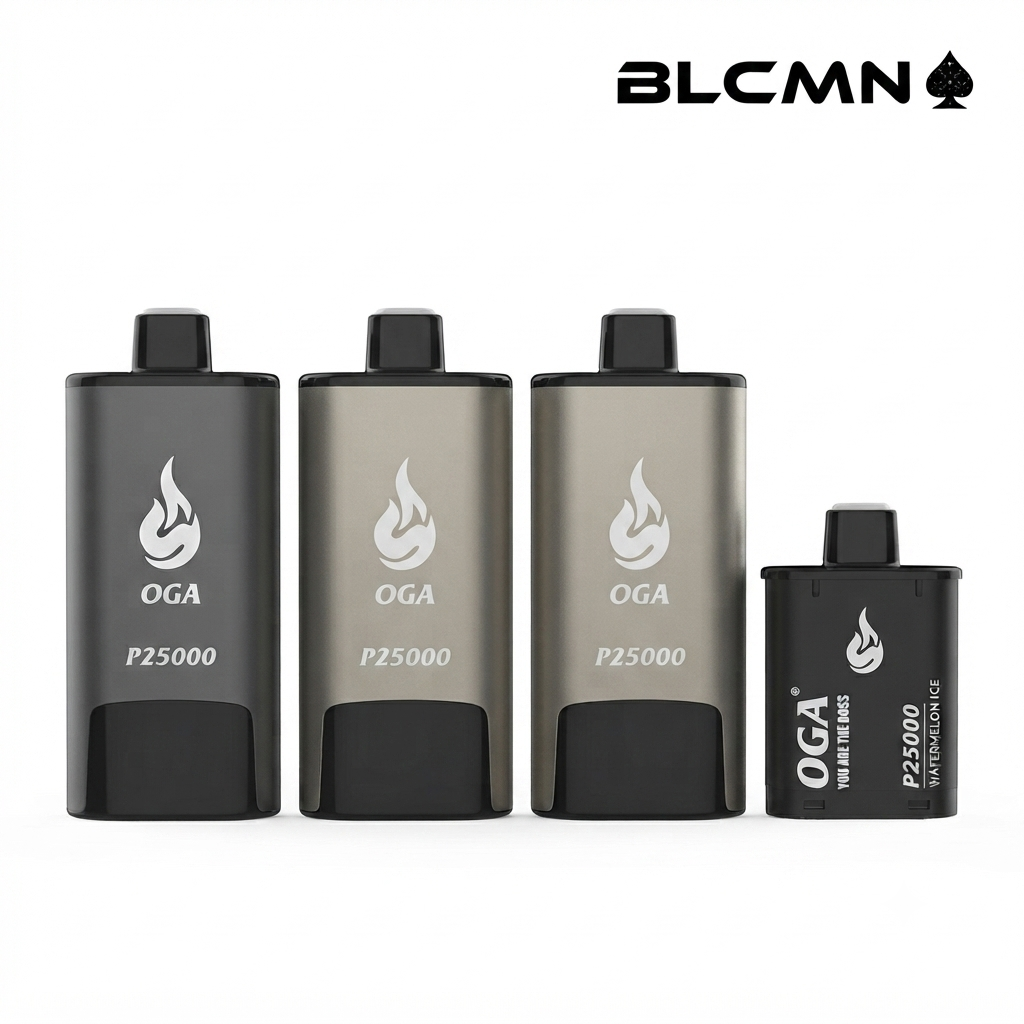 Studio 3D product photography of the Oga Boss P25000 refillable vape featuring three assembled units in black, gold, and dark grey side-by-side with an isolated replacement pod displaying branding text against a clean white background, branded with the BLCMN logo at the top right.
