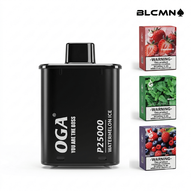 Studio 3D product photography of a standalone black Oga Boss P25000 replacement pod standing vertically on the left, accompanied by three stacked flavor packaging boxes (Strawberry Ice, Mint Ice, and Mixed Berry) arranged vertically on the right against a clean white background, with the BLCMN marketplace logo at the top right corner.