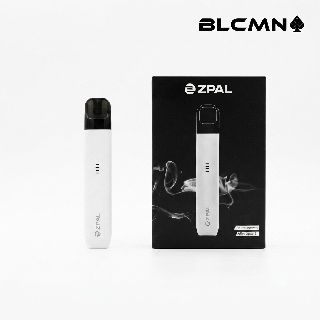 Studio 3D product photography of the Zpal Song universal closed-pod system kit featuring a sleek white rechargeable battery device standing vertically next to its black packaging box on a clean white background, branded with the BLCMN marketplace logo at the top right corner.