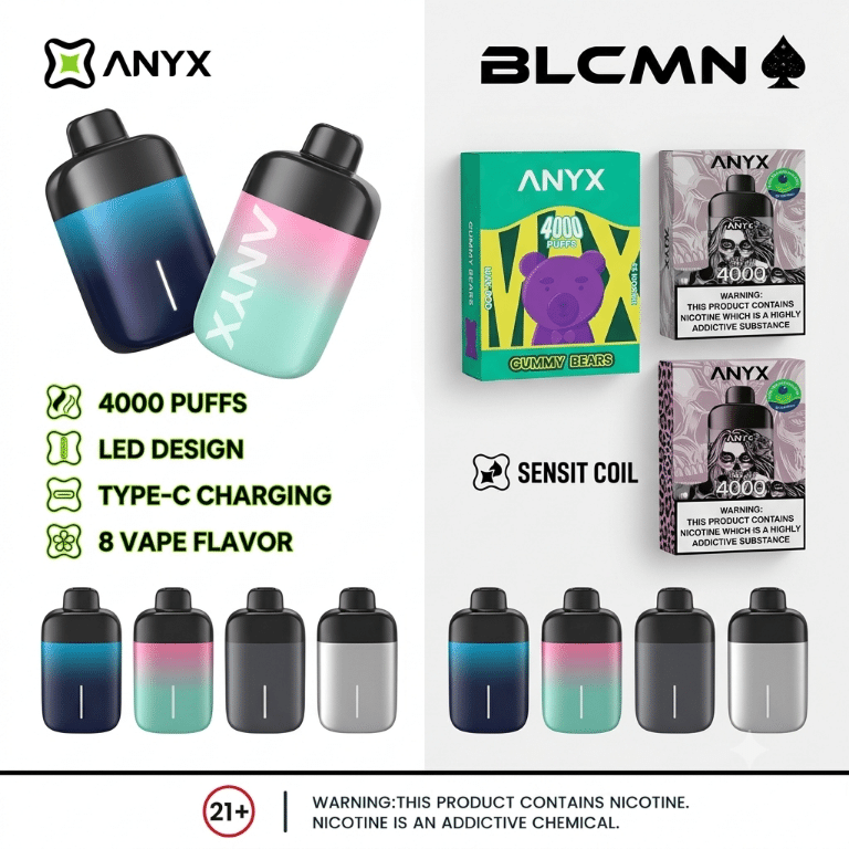 Studio 3D product photography of the Anyx Max 4000 puffs reusable closed-pod system featuring its lightweight anodized aluminum lighter-like form factor and visible LED indicator styling against a clean white background, branded with the BLCMN marketplace logo at the top right corner.