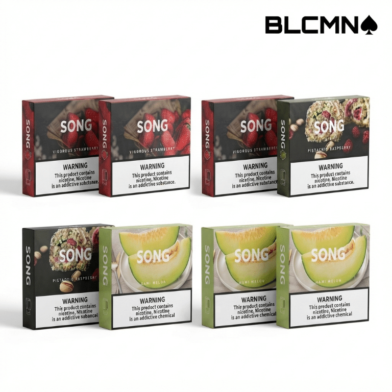 Studio 3D product photography of multiple Song vape replacement pod 3-in-1 packaging boxes arranged neatly in a grid on a clean white background, showcasing various flavor editions like strawberry, pistachio raspberry, and hami melon, branded with the BLCMN marketplace logo at the top right corner.