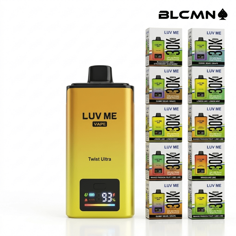 Studio 3D product photography of the Luv Me Twist Ultra 30K dual-flavour vape featuring a sleek yellow gradient rechargeable device standing vertically on the left, next to two neat vertical columns of matching 30K flavor boxes on a clean white background, branded with the BLCMN marketplace logo at the top right corner.