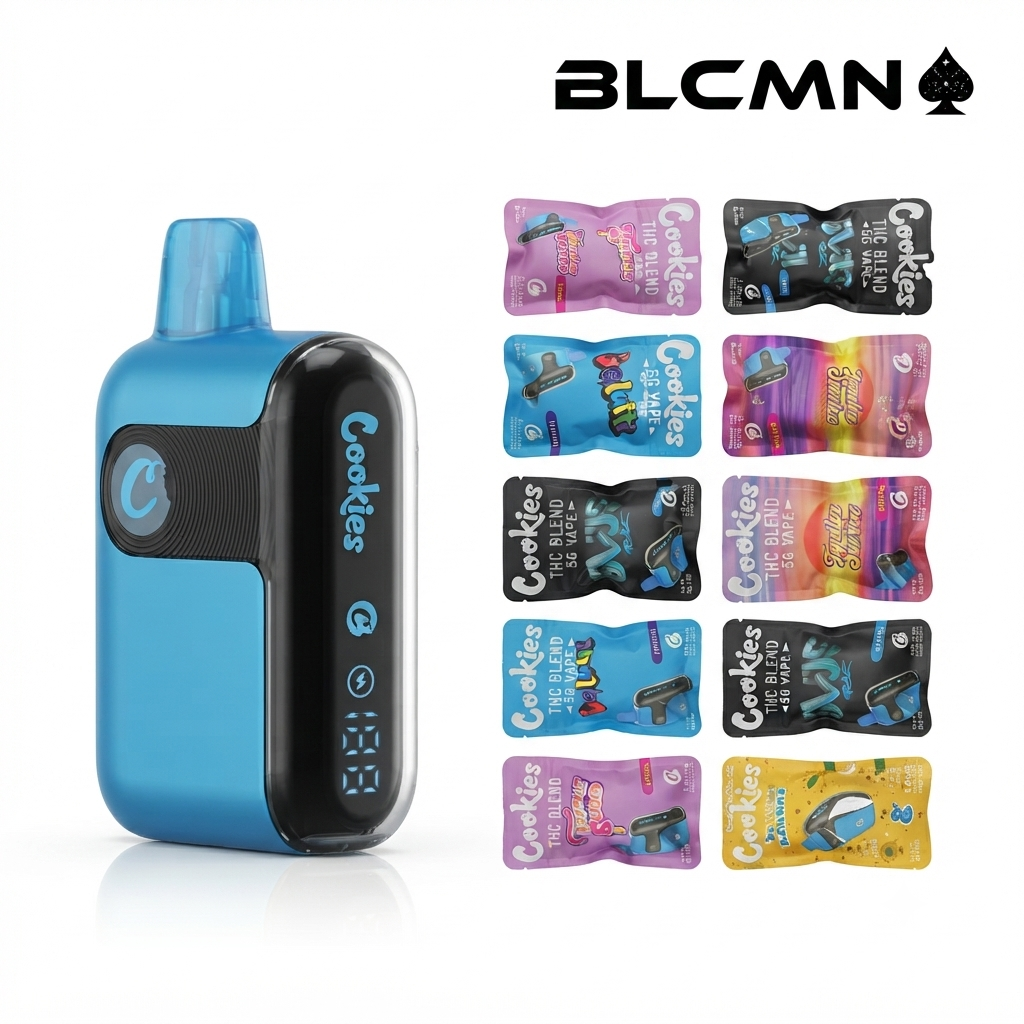 Studio 3D render of the Cookies THCA 5G disposable vape device alongside neatly organized strain packets in 5 rows on a clean white background with the BLCMN spade logo.