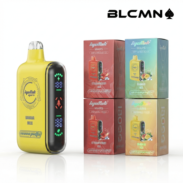A high-definition 3D studio render on a white background showing the yellow Iyutak Mars 18000 vape device (standing vertically, focused, with an active 18000-puff display) positioned next to four sealed, holographic product boxes arranged in two rows, all under the BLCMN spade logo in the top right corner.