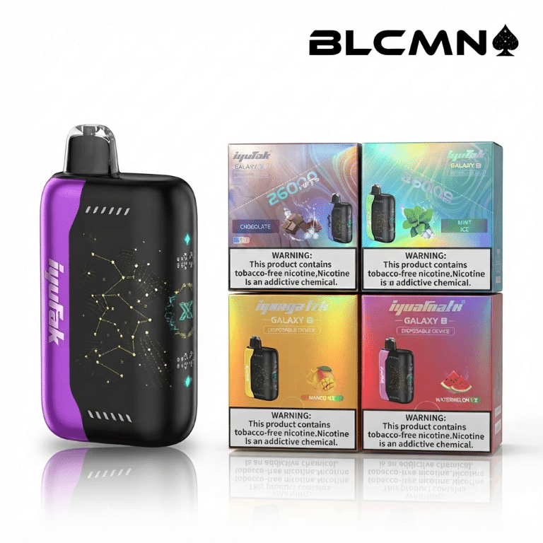 A high-definition 3D studio render on a white background showing a black and purple Iyutak Galaxy 26000 vape device standing vertically and focused on the left, positioned beside four holographic product boxes arranged in a two-by-two grid on the right, all beneath the BLCMN spade logo in the top right corner.