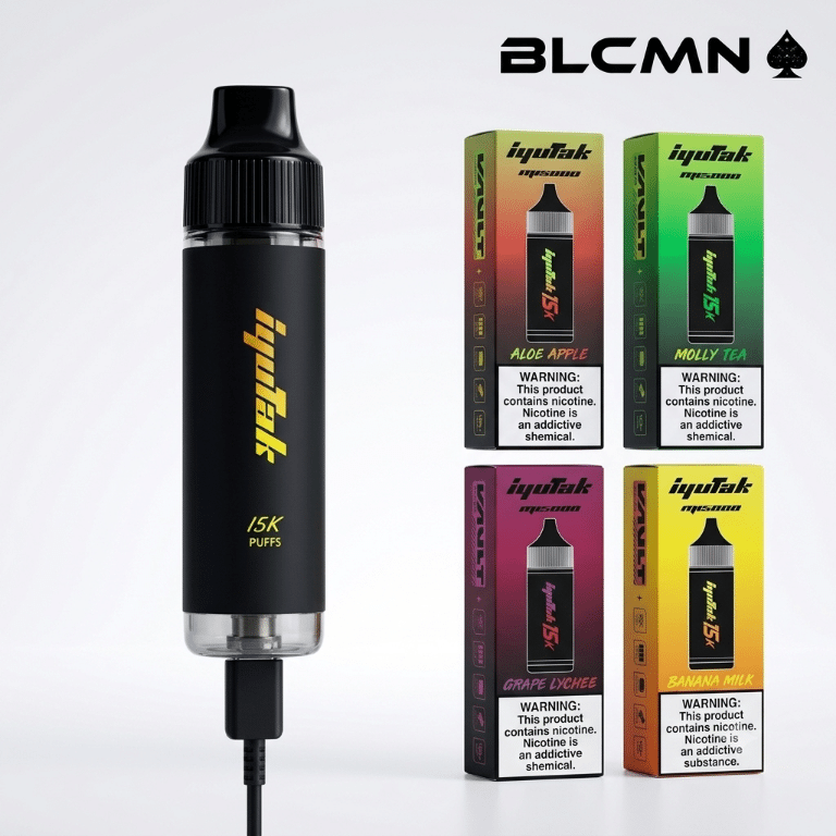 A high-definition 3D studio render on a white background featuring a sleek black Iyutak M15000 vape device with gold lettering standing vertically on the left, positioned next to four matching product boxes arranged in a two-by-two grid on the right, all beneath the BLCMN spade logo placed in the top right corner.