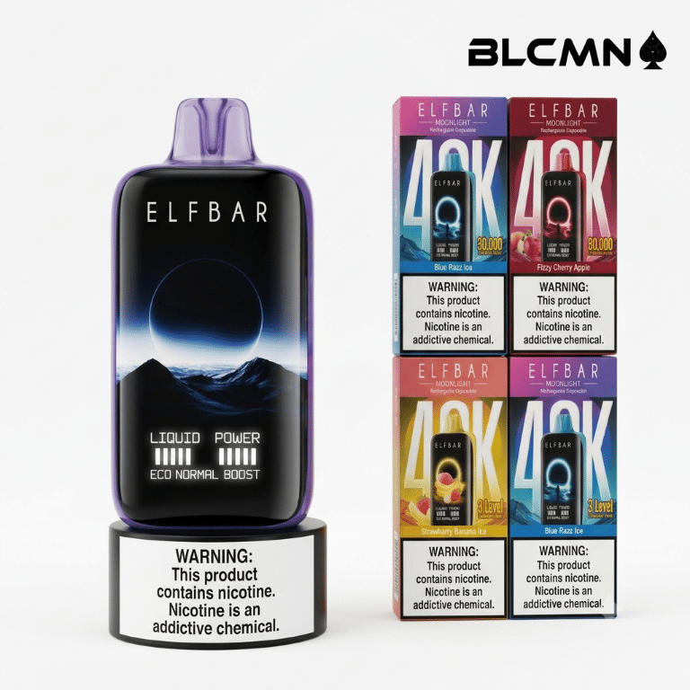 A high-resolution studio 3D render on a white background showing a purple-hued Elfbar Moonlight 40000 disposable vape device standing vertically and focused on the left, positioned next to a matching four-pack of product boxes arranged in a two-by-two grid on the right, all beneath the BLCMN spade logo in the top right corner.