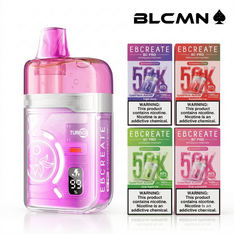 A high-definition 3D studio render on a white background showing a vibrant pink Elfbar EBCREATE BC Pro 50K vape device standing vertically on the left with an active digital percentage display, positioned beside four matching product boxes arranged in a two-by-two grid on the right, all beneath the BLCMN spade logo in the top right corner.