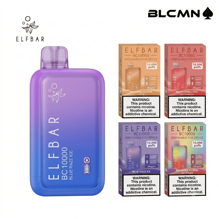 A high-resolution 3D studio render on a white background showing a gradient purple and blue Elfbar BC10000 vape device standing vertically on the left with a smart display screen, positioned beside four matching product boxes arranged in a two-by-two grid on the right, all beneath the BLCMN spade logo in the top right corner.