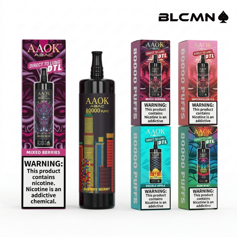 A high-resolution 3D studio render on a white background showing a tall black AAOK ABAC 80K DTL vape device with a city skyline graphic alongside its packaging box on the left, positioned next to four matching flavor boxes arranged in a two-by-two grid on the right, all beneath the BLCMN spade logo in the top right corner.