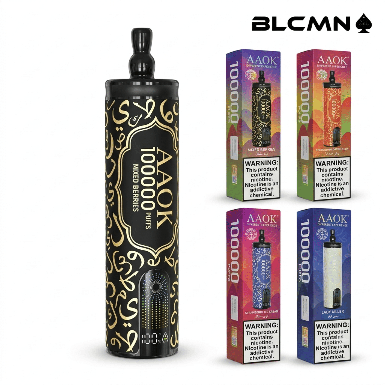 A high-resolution 3D studio render on a white background showing a tall black AAOK 100K vape device featuring Arabic script patterns, a digital screen, and a rotating mouthpiece on the left, positioned next to four colorful matching product boxes arranged in a two-by-two grid on the right, all beneath the BLCMN spade logo in the top right corner.