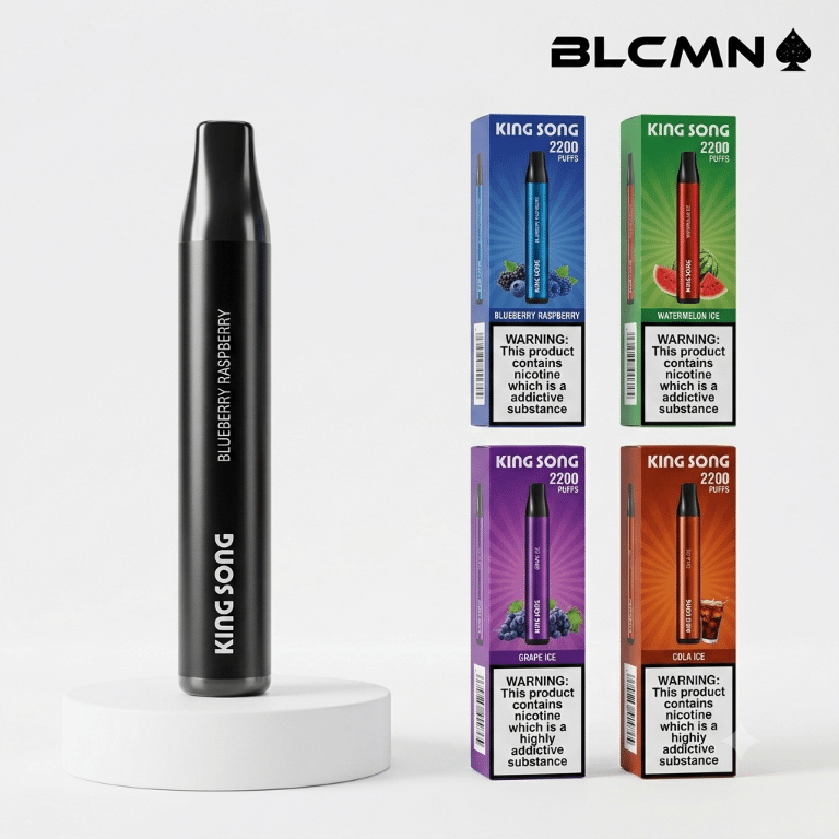 A high-resolution 3D studio render on a white background showing a sleek black cylindrical KingSong disposable vape pen standing upright on a white platform on the left, next to four colorful matching product flavor boxes arranged in a two-by-two grid on the right, all beneath the BLCMN spade logo in the top right corner.