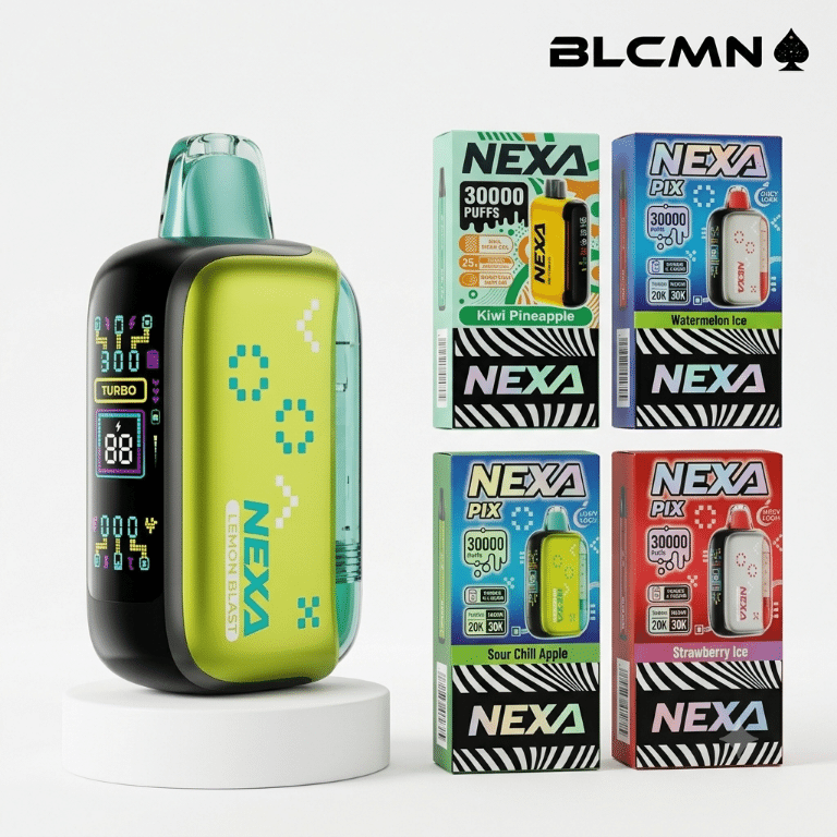 A high-resolution 3D studio render on a white background showing a vibrant lime green and black Nexa Pix disposable vape device standing upright on a white platform featuring a digital display screen, next to four matching flavor boxes arranged in a two-by-two grid on the right, all beneath the BLCMN spade logo in the top right corner.