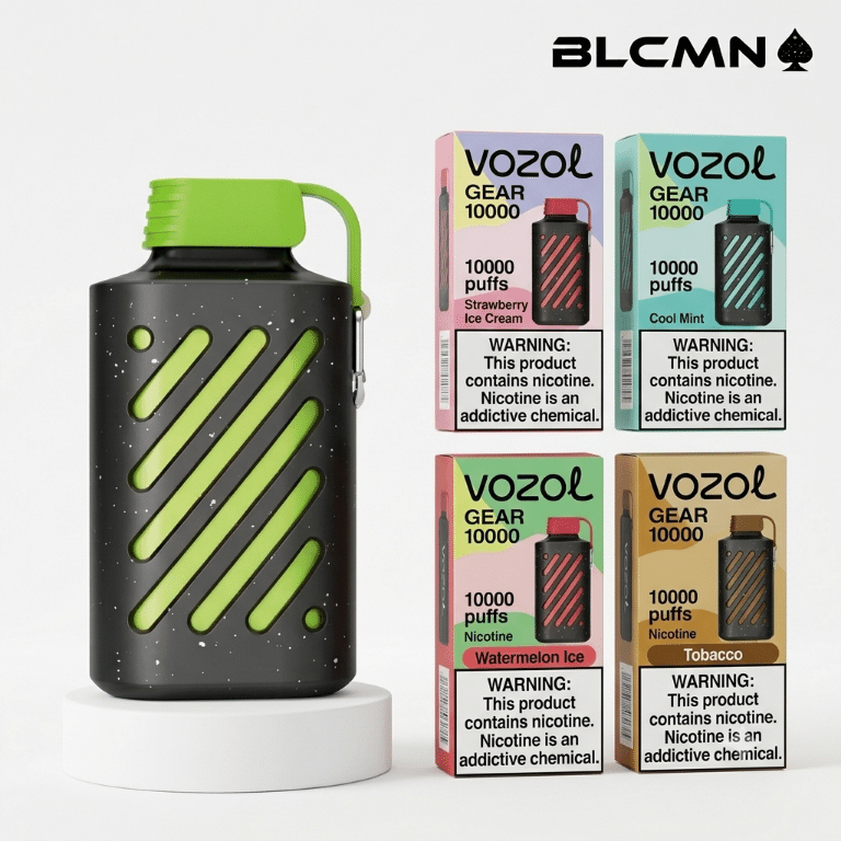 A high-resolution 3D studio render on a white background showing a black and bright green Vozol Gear 10000 outdoor-style disposable vape device with a protective cap and carabiner clip standing upright on a white platform, next to four matching flavor boxes arranged in a two-by-two grid on the right, all beneath the BLCMN spade logo in the top right corner.