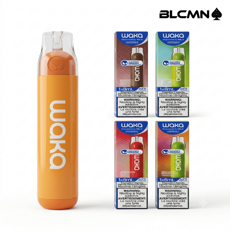A high-resolution 3D studio render on a white background showing a vibrant orange and clear crystal WAKA soFit 3500 disposable vape device standing vertically on the left, next to four matching flavor boxes arranged in a two-by-two grid on the right, all beneath the BLCMN spade logo in the top right corner.