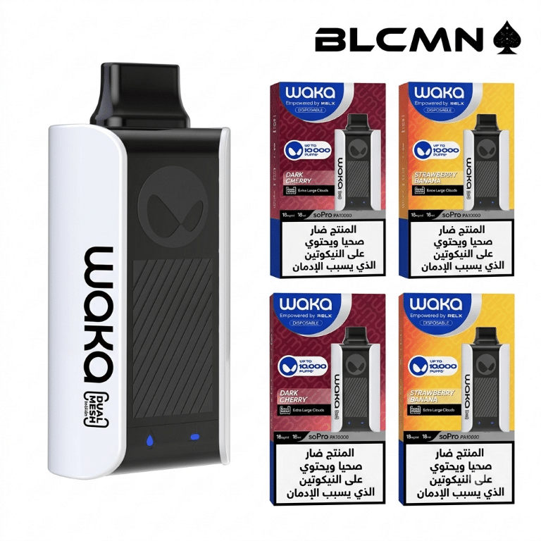 A high-resolution 3D studio render on a white background showing a sleek WAKA SoPro PA10000 disposable vape device standing vertically on the left with smart LED indicators, positioned next to matching product flavor boxes arranged on the right, all beneath the BLCMN spade logo in the top right corner.