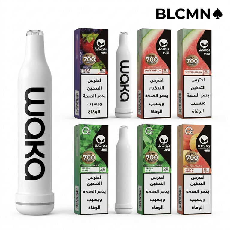A high-resolution 3D studio render on a white background showing a sleek, white cylindrical WAKA Mini disposable vape pen standing upright on the left, next to multiple colorful matching flavor boxes arranged in a two-row grid on the right, all beneath the BLCMN spade logo in the top right corner.
