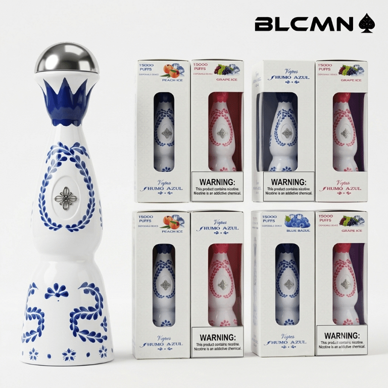 A high-resolution 3D studio render on a white background showing a sleek blue-and-white Humo Azul disposable vape device standing upright on a white platform, next to multiple colorful matching flavor boxes arranged in a grid on the right, all beneath the BLCMN spade logo in the top right corner.