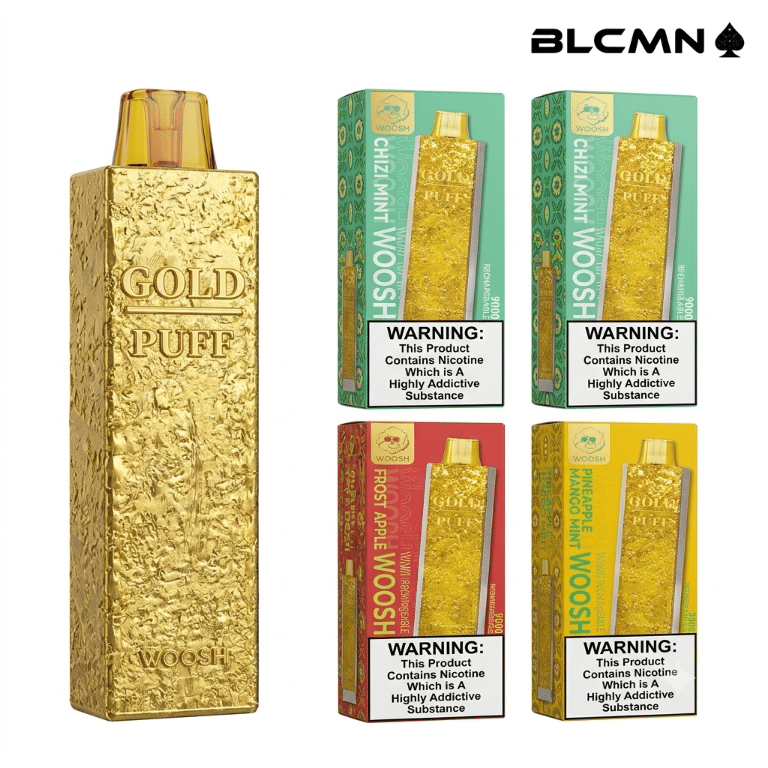 A high-resolution 3D studio render on a white background showing a flashy gold Woosh Gold 9000 disposable vape device standing upright on a white platform, next to multiple matching flavor boxes arranged in a grid on the right, all beneath the BLCMN spade logo in the top right corner.