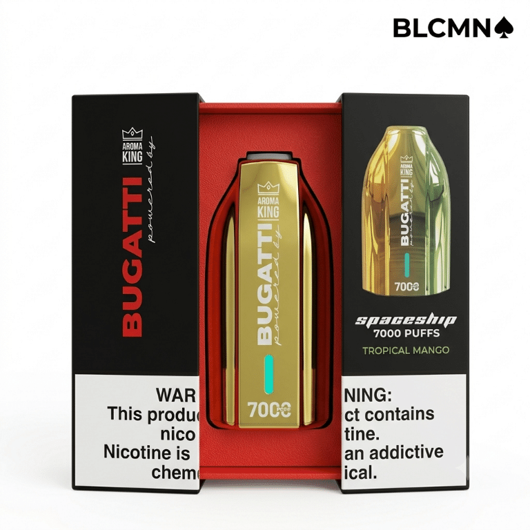 A high-resolution 3D studio render on a white background showing a luxury gold Aroma King Bugatti Spaceship 7000 disposable vape device nested inside an open black and red presentation box with text labeling the Tropical Mango flavor, all beneath the BLCMN spade logo in the top right corner.