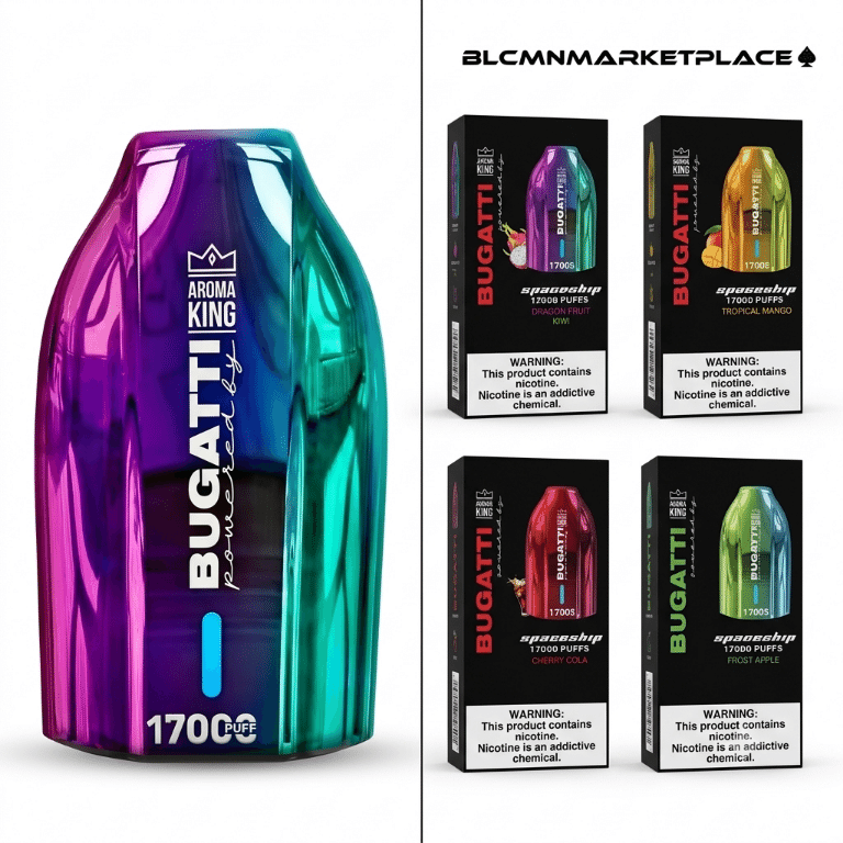 A high-resolution 3D studio render on a white background showing a metallic purple and teal gradient Aroma King Bugatti Spaceship 17000 disposable vape device standing upright on the left, next to four matching flavor boxes arranged in a two-by-two grid on the right, all beneath the BLCMN spade logo in the top right corner.