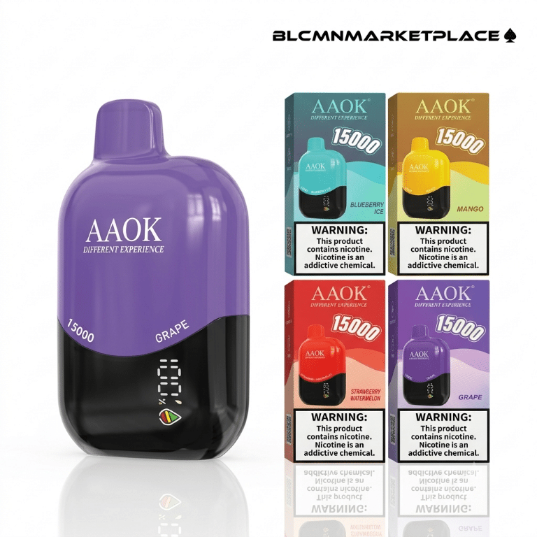A high-resolution 3D studio render on a white background showing a purple and black AAOK A139 15000 disposable vape device with a digital battery display standing upright on the left, next to four matching flavor boxes arranged in a two-by-two grid on the right, all beneath the BLCMNMARKETPLACE spade logo in the top right corner.