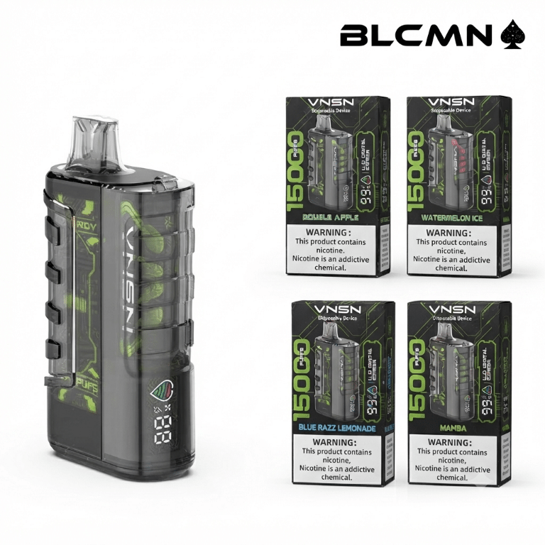 A high-resolution 3D studio render on a white background showing a sleek, dark-tinted transparent VNSN Ghost 15000 disposable vape device with green internal detailing and a digital screen standing upright on the left, next to four matching green-accented flavor boxes arranged in a two-by-two grid on the right, all beneath the BLCMN spade logo in the top right corner.