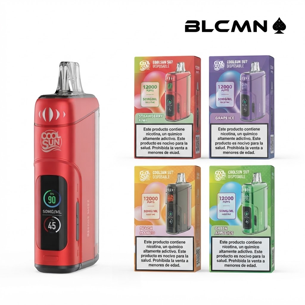 A high-resolution 3D studio render on a white background showing a vibrant red Cool Sun SU7 12000 disposable vape device with a digital display screen standing upright on the left, next to four matching colored flavor boxes arranged in a two-by-two grid on the right, all beneath the BLCMN spade logo in the top right corner.