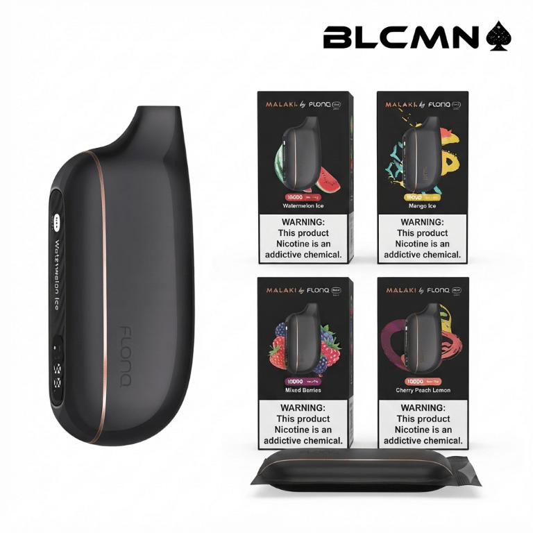 Alt Text Description: A high-resolution 3D studio render on a white background showing a sleek black Malaki Flonq Max Smart 10000 disposable vape device with a rose-gold accent edge standing upright on the left, next to four matching black flavor boxes arranged in a two-by-two grid and a sealed foil wrapper at the bottom right, all beneath the BLCMN spade logo in the top right corner.