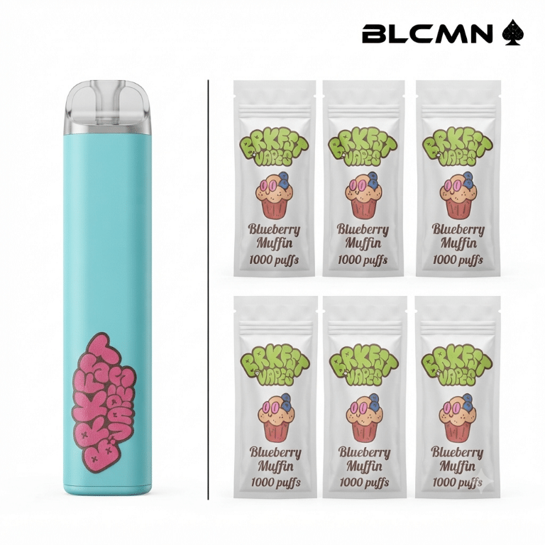 A high-resolution 3D studio render on a white background showing a solid light blue BRKFST 1000 disposable vape device with pink graffiti branding standing upright on the left, next to six matching white foil flavor packets arranged in a two-by-three grid on the right, all beneath the BLCMN spade logo in the top right corner.
