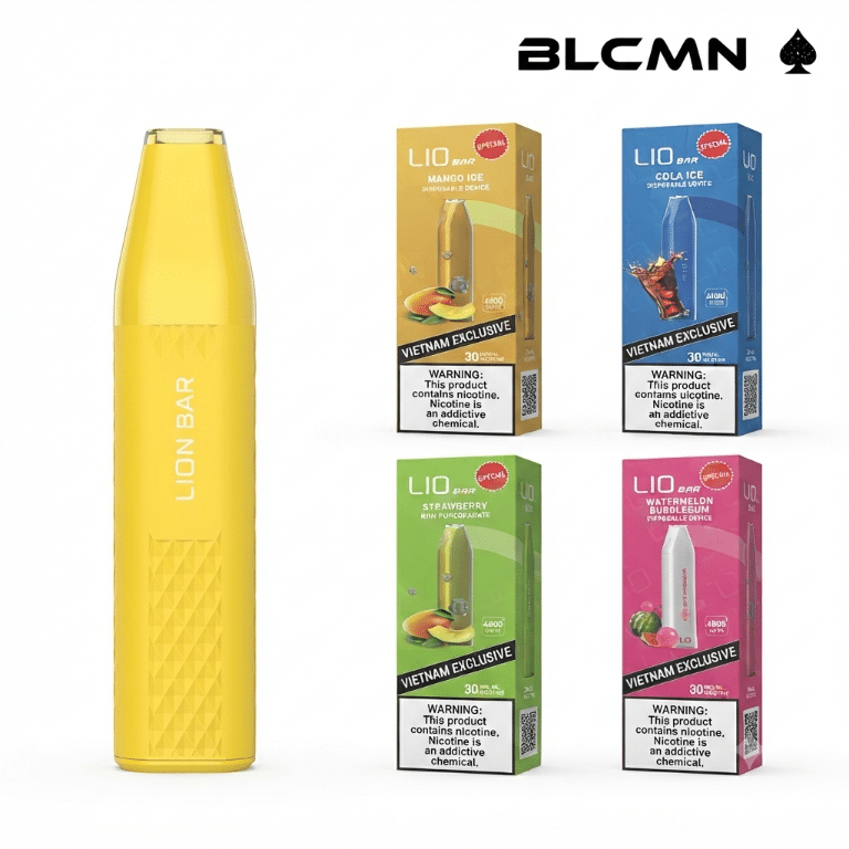 A high-resolution 3D studio render on a white background showing a solid yellow IJOY LIO Bar disposable vape device standing upright on the left, next to four matching colored flavor boxes labeled "Vietnam Exclusive" arranged in a two-by-two grid on the right, all beneath the BLCMN spade logo in the top right corner.