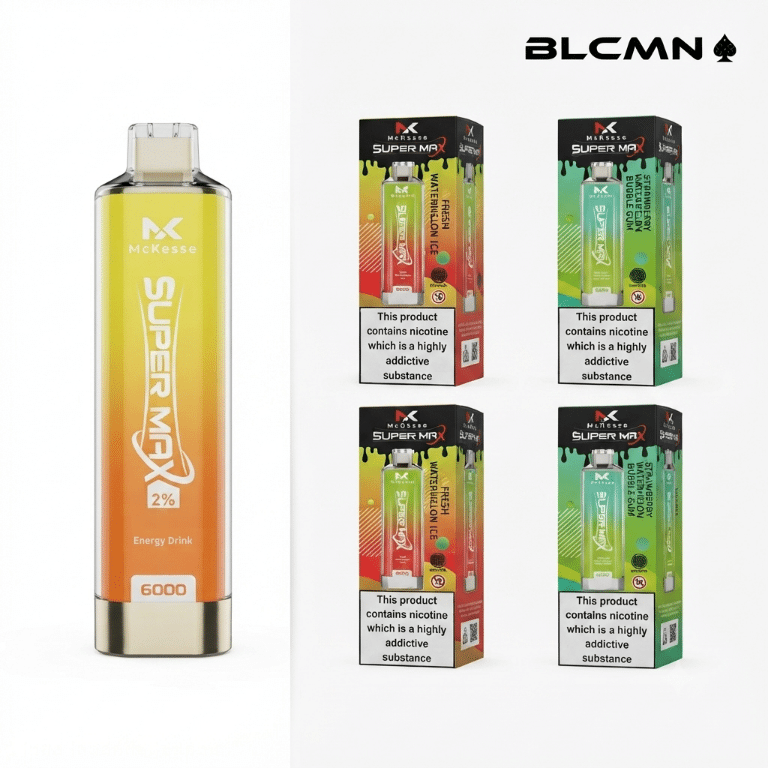 A high-resolution 3D studio render on a white background showing a yellow-to-orange gradient McKesse Super Max 6000 disposable vape device standing upright on the left, next to four matching flavor boxes arranged in a two-by-two grid on the right, all beneath the BLCMN spade logo in the top right corner.