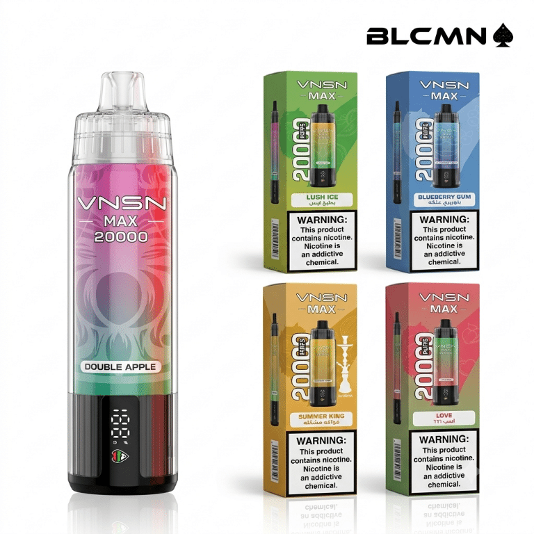 A high-resolution 3D studio render on a white background showing a vertical, multicolored gradient VNSN Max 20000 disposable vape device with a digital display screen standing on the left, next to four matching flavor boxes arranged in a two-by-two grid on the right, all beneath the BLCMN spade logo in the top right corner.