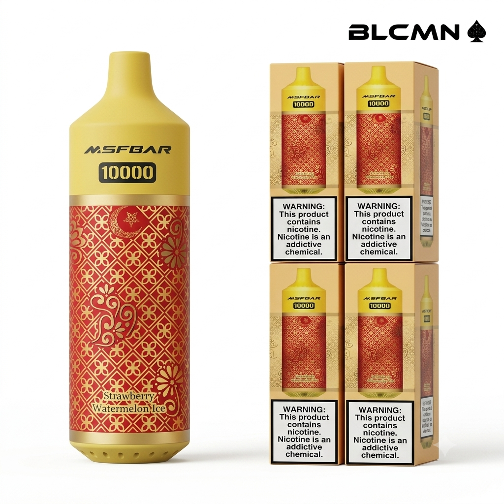 A high-resolution 3D studio render on a white background showing a yellow and red patterned MSF Bar 10000 disposable vape device standing upright on the left, next to four matching patterned flavor boxes arranged in a two-by-two grid on the right, all beneath the BLCMN spade logo in the top right corner.