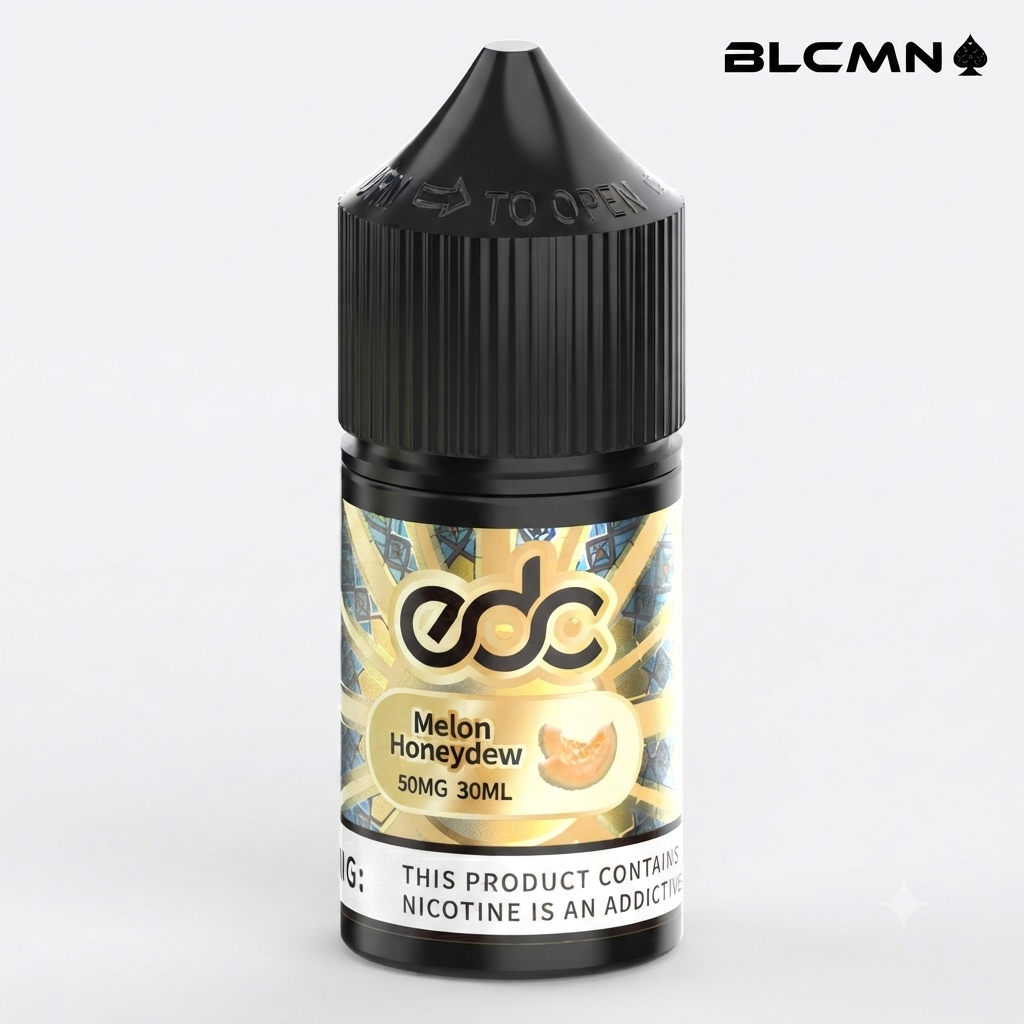 A 30ml EDC e-liquid bottle labeled "Melon Honeydew" featuring a 50mg nicotine strength and 5% nicotine content, with a black cap and the BLCMN logo in the top right corner.