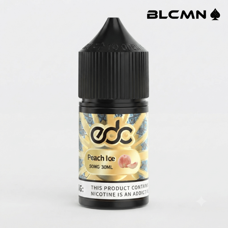 A 30ml EDC e-liquid bottle labeled "Peach Ice" featuring a 50mg nicotine strength and 5% nicotine content, with a black cap and the BLCMN logo in the top right corner.